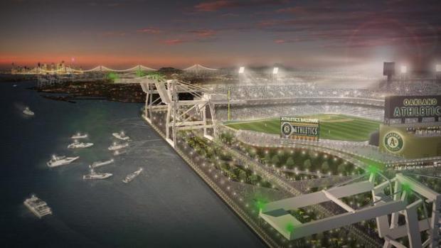 A rendering shows a proposed waterfront baseball stadium for the Oakland Athletics at the Howard Terminal site in Oakland, Calif. (MANICA Architecture)