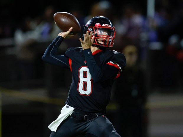 Aragon starting quarterback Sean Hickey (8) throws against Capuchino's High School in the second quarter at Aragon High School in San Mateo, Calif., on Thursday, Oct. 26, 2023. (Nhat V. Meyer/Bay Area News Group)