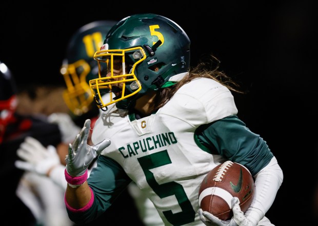 Capuchino's Charles Barfield (5) runs against Aragon High School in the fourth quarter at Aragon High School in San Mateo, Calif., on Thursday, Oct. 26, 2023. (Nhat V. Meyer/Bay Area News Group)