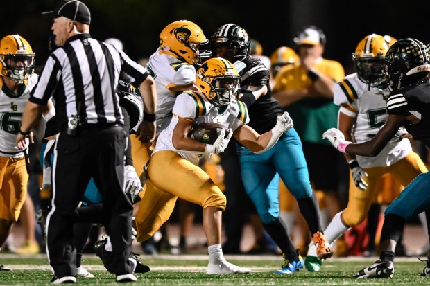 Live Oak's Josh Gagni (8) runs for yardage during the 1st half of the Live Oak vs Christopher BVAL high school football game at Christopher High School in Gilroy, Calif., on Friday, Nov. 3, 2023. (Thien-An Truong for Bay Area News Group)