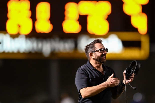 Christopher head coach Darren Yafai gestures to his players during the 2nd half of the Live Oak vs Christopher BVAL high school football game at Christopher High School in Gilroy, Calif., on Friday, Nov. 3, 2022. (Thien-An Truong for Bay Area News Group)