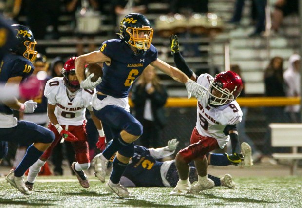 Alhambra receiver Luke Beaty (6) runs after the catch. Alhambra and Mt. Diablo played a high school football game at Alhambra High School in Martinez, Calif. on Friday, Oct. 13, 2023 (Joseph Dycus/Bay Area News Group)