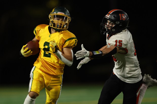 Capuchino's Joseph Tressitte #2 takes the ball to the 1-yard line against San Mateo's Drew Yeager #15 in the 2nd quarter, Friday, Oct. 13, 2023, in San Bruno, Calif. (Karl Mondon/Bay Area News Group)