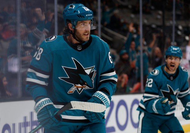 San Jose Sharks' Mike Hoffman (68) celebrates his goal against the Florida Panthers in the first period at the SAP Center in San Jose, Calif., on Tuesday, Nov. 14, 2023. (Nhat V. Meyer/Bay Area News Group)