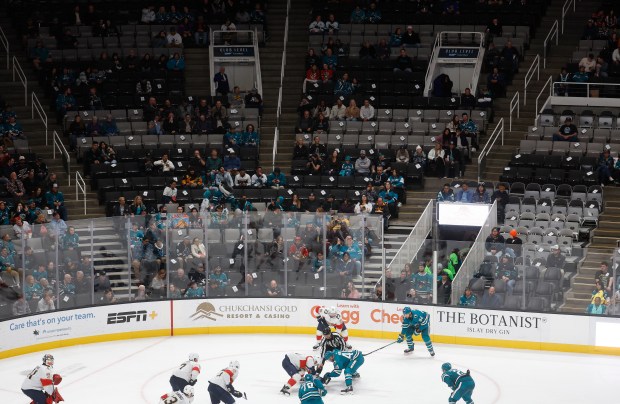 The San Jose Sharks face-off against the Florida Panthers in the second period at the SAP Center in San Jose, Calif., on Tuesday, Nov. 14, 2023. (Nhat V. Meyer/Bay Area News Group)