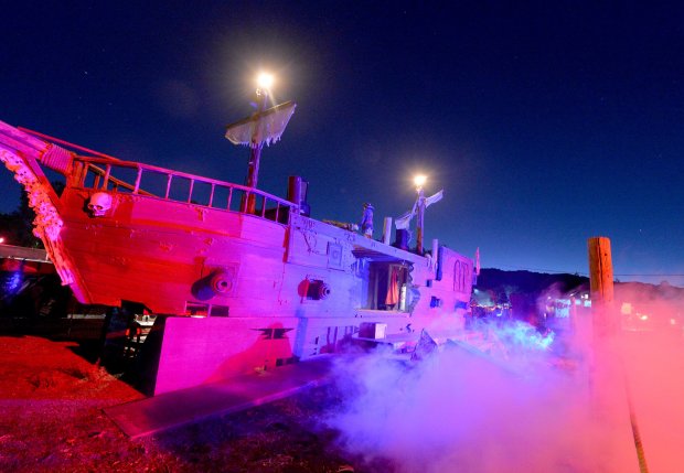 A haunted pirates ship that is used as a stage is photographed at the Pirates of Emerson haunted attraction at the Alameda County Fairgrounds in Pleasanton, Calif., on Wednesday, Oct. 20, 2016. The Pirates of Emerson feature 5 haunted houses and other haunted attractions. (Doug Duran/Bay Area News Group)