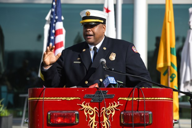 Oakland Fire Department fire chief Damon Covington speaks to the audience after being sworn in by Oakland mayor Sheng Thao during a swearing-in ceremony in Oakland, Calif., on Monday, Nov. 13, 2023. (Jose Carlos Fajardo/Bay Area News Group)