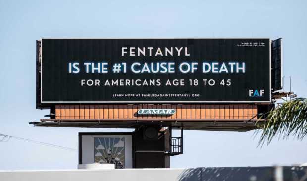 A billboard put up by Families Against Fentanyl displays their message on the 57 freeway near Orangethorpe Ave. in Placentia, CA on Thursday, April 6, 2023. (Photo by Paul Bersebach, Orange County Register/SCNG)