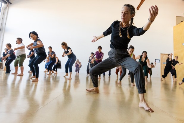 OAKLAND, CA - NOVEMBER 12: Randee Paufve (right front) of the Shawl Anderson Dance Center teaches a modern dance class during the BANDALOOP open house at their studio space in Oakland, Calif. on Nov. 12, 2023. (Douglas Zimmerman/Special to the Bay Area News Group)