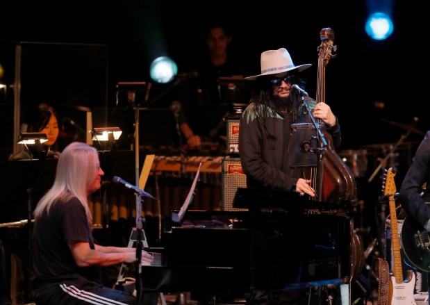 Bobby Weir & Wolf Bros featuring The Wolfpack with Don Was on bass and Jeff Chimenti on piano, from right, perform with the Stanford Symphony Orchestra led by conductor Paul Phillips at the Frost Amphitheater in Palo Alto, Calif., on Sunday, Oct. 29, 2023. (Jane Tyska/Bay Area News Group)