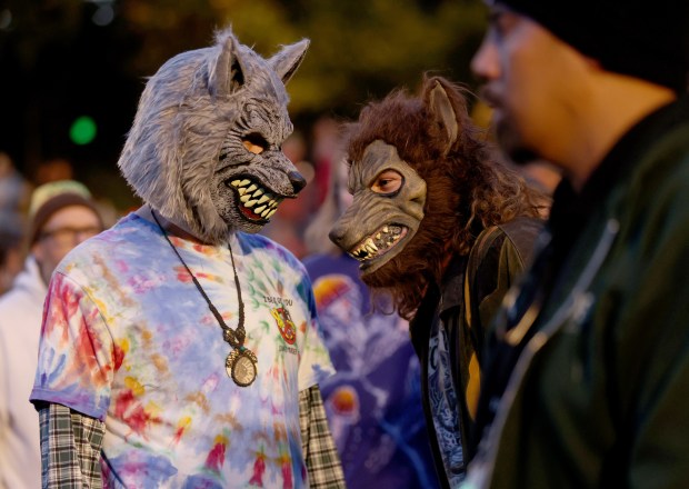 Fans wear wolf heads as Bobby Weir & Wolf Bros featuring The Wolfpack perform with the Stanford Symphony Orchestra led by conductor Paul Phillips at the Frost Amphitheater in Palo Alto, Calif., on Sunday, Oct. 29, 2023. (Jane Tyska/Bay Area News Group)