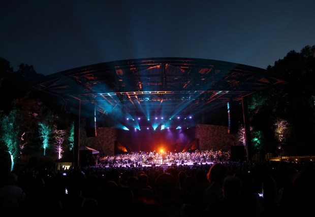 Bobby Weir & Wolf Bros featuring The Wolfpack perform with the Stanford Symphony Orchestra led by conductor Paul Phillips at the Frost Amphitheater in Palo Alto, Calif., on Sunday, Oct. 29, 2023. (Jane Tyska/Bay Area News Group)