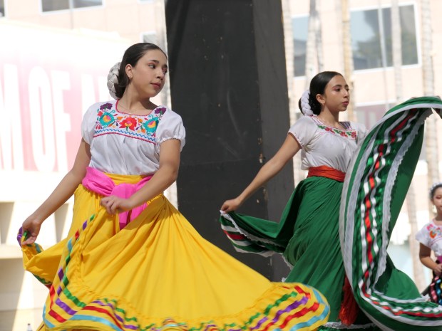 Folkloric dancers perform at the Heritage Festival in the Plaza de Cesar Chavez Park in San Jose, Calif.. on Saturday, Sep 16, 2023. (Rashel Naranjo Arellano/Mosaic Vision Staff)
