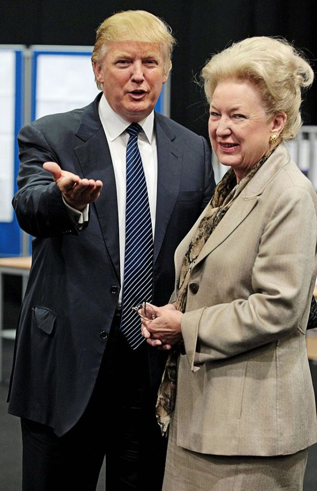 US property tycoon Donald Trump (L) is pictured with his sister Maryanne Trump Barry as they adjourn for lunch during a public inquiry over his plans to build a golf resort near Aberdeen, at the Aberdeen Exhibition & Conference centre, Scotland, on June 10, 2008. Trump wants to build a giant complex on the Scottish east coast near Aberdeen, but has run into opposition from environmentalists and a local farmer who refuses to budge. The Scottish government has called for a full public inquiry into the plans. AFP PHOTO/Ed Jones (Photo credit should read ED Jones/AFP via Getty Images)