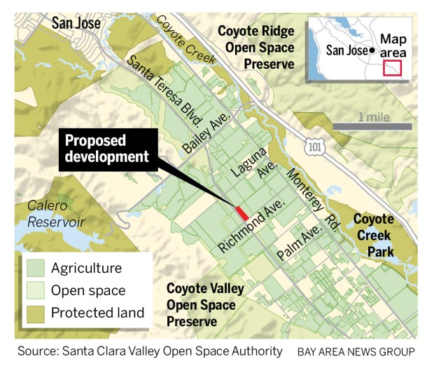 A Morgan Hill man recently purchased five acres of land in the middle of the protected Coyote Valley, just south of San Jose. He has proposed to build an 8,400-square-foot, two-story mansion on the property.