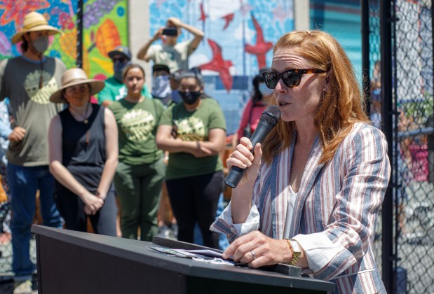 SAN JOSE, CA - JUNE 30: Cayce Hill, executive director of Veggielution speaks during a ceremony at SoFA Pocket Park in San Jose, Calif., on June 30, 2021. (Anda Chu/Bay Area News Group)