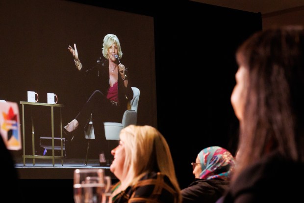 Erin Brockovich is seen on a large screen as she speaks on stage at the YWCA Golden Gate Silicon Valley's Inspire Luncheon event on Thursday, Nov. 2, 2023, at Santa Clara Convention Center in Santa Clara, Calif. (Dai Sugano/Bay Area News Group)