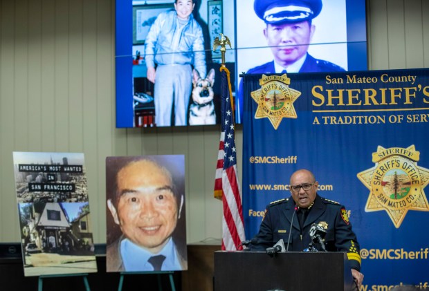 San Mateo County Sheriff Carlos G. Bolanos, speaking on Thursday, March 24, 2022 at San Carlos City Hall, announces the arrest of a suspect in the 1993 murder of Shu Ming Tang, owner of the Devonshire Little Store in San Carlos, Calif. (Karl Mondon/Bay Area News Group)