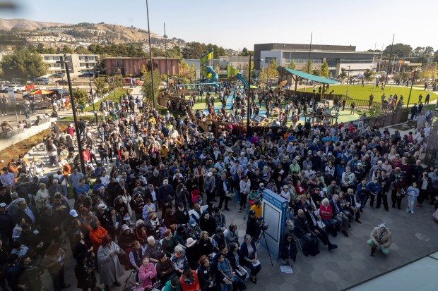 South San Franciscans gather for the grand opening of the new Library and Parks and Recreation Center, Saturday, Oct. 28, 2023, in South San Francisco, Calif. (Karl Mondon/Bay Area News Group)