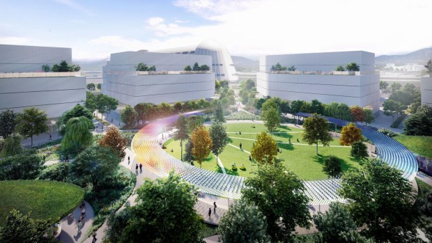 Berkeley Space Center at NASA Research Park, located in Mountain View, showing office buildings and open spaces, concept. (HOK/Field Operations)