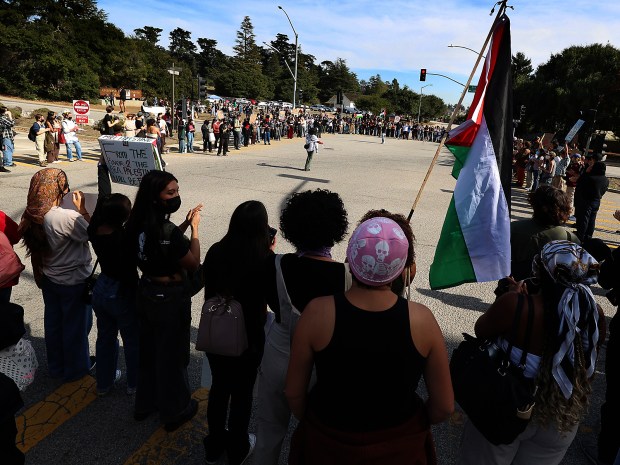 UC Santa Cruz students shut down the Main Entrance to campus on Thursday to protest the war in Gaza. (Shmuel Thaler - Santa Cruz Sentinel)